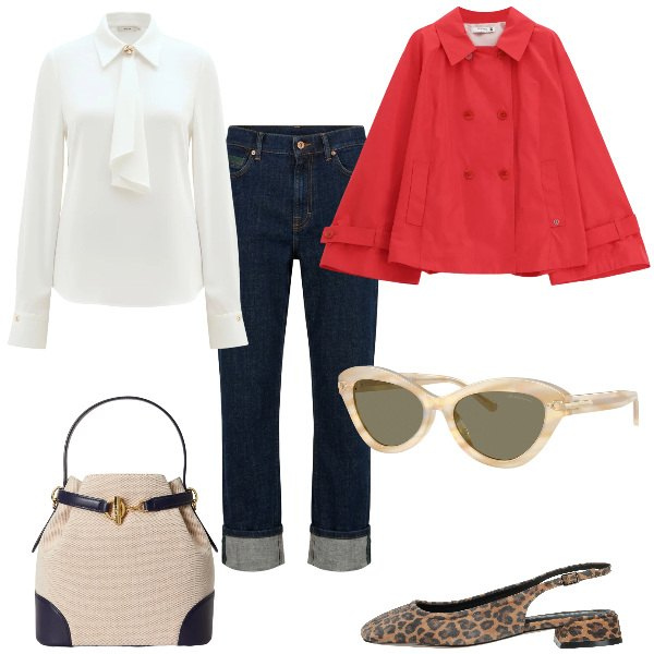 Outfit donna - Total look #2393270. Stile Casual chic per Tutti i giorni. Abbinamento con ballerine, giacche, jeans dritti, camicie, occhiali da sole, borse a secchiello.