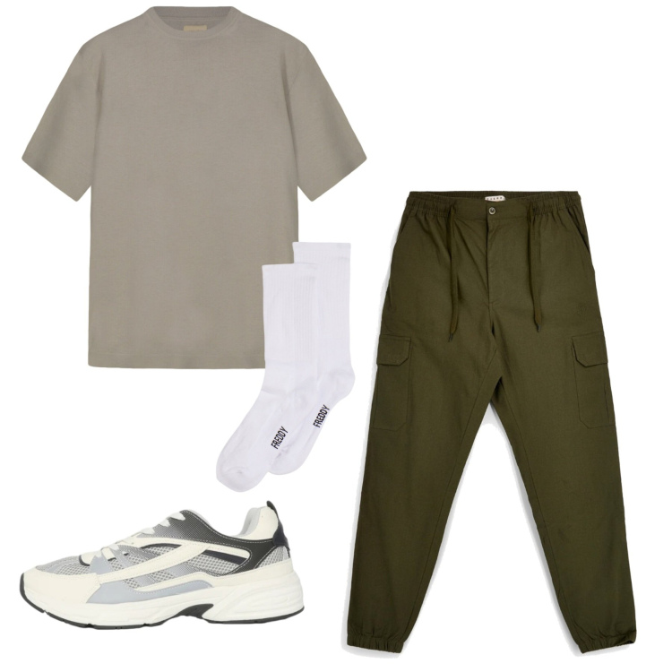 Outfit uomo - Weekend. Stile Casual per Tutti i giorni. Abbinamento con sneakers, calzini, t-shirt, pantaloni cargo.