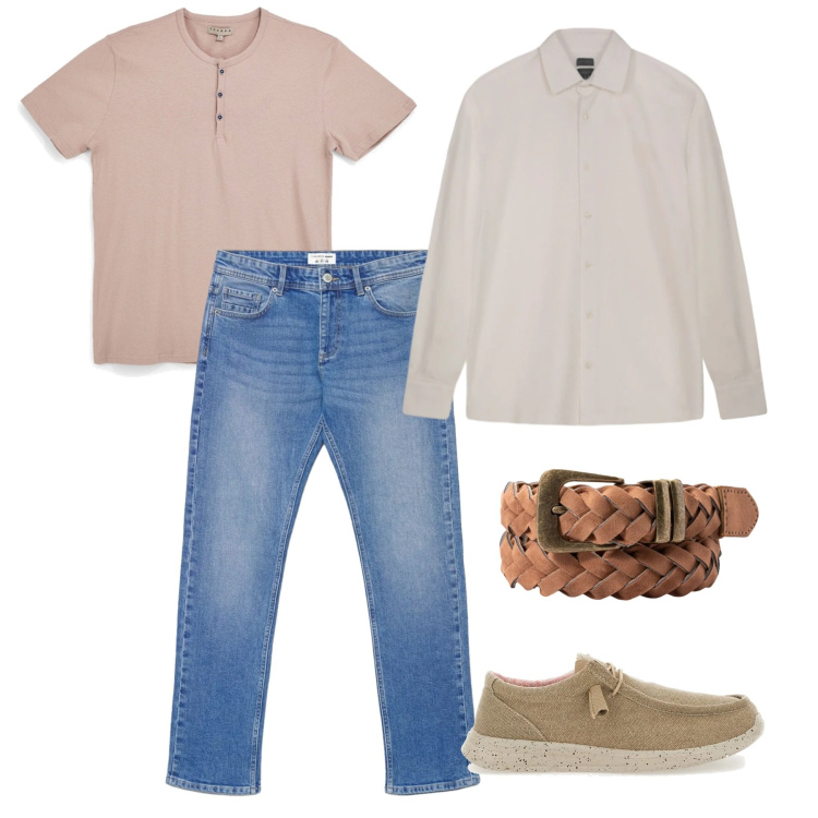 Outfit uomo - Tenuta vacanziera. Stile Casual per Tutti i giorni. Abbinamento con jeans, scarpe stringate, polo, t-shirt, cinture.