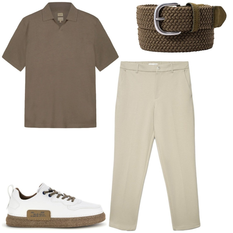 Outfit uomo - Il Fascino dei Toni Neutri. Stile Trendy per Ufficio. Abbinamento con pantaloni chino, polo, cinture, sneakers.