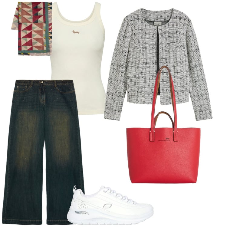 Outfit donna - Tutti i giorni. per Tutti i giorni. Abbinamento con cardigans, canottiere, shopping bag, sciarpe, jeans, sneakers.