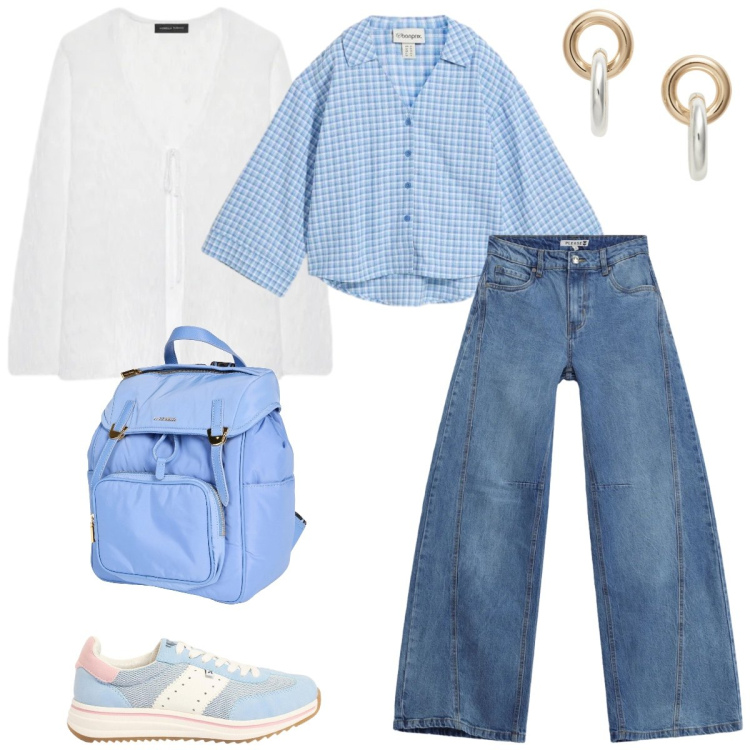 Outfit donna - Università. Stile Casual per Scuola/Università. Abbinamento con zaini, camicie, sneakers, cardigans, jeans, orecchini.