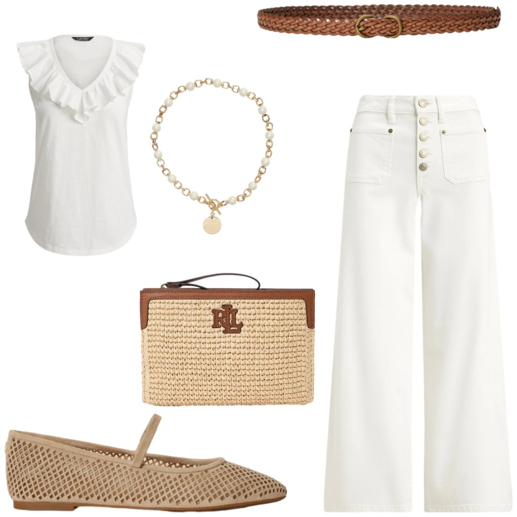 Outfit donna - Quiet luxury. Stile Chic per Tutti i giorni. Abbinamento con collane, jeans, top, ballerine, cinture, pochette.