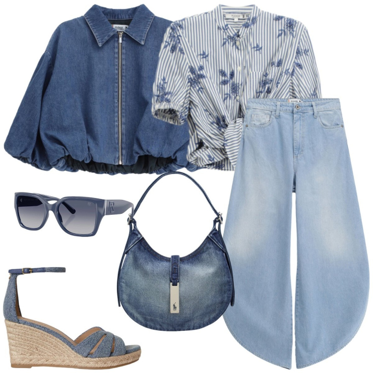 Outfit donna - Passeggiata. Stile Casual chic per Tutti i giorni. Abbinamento con blazer, jeans, camicie a manica corta, zeppe, borse a spalla, occhiali da sole.