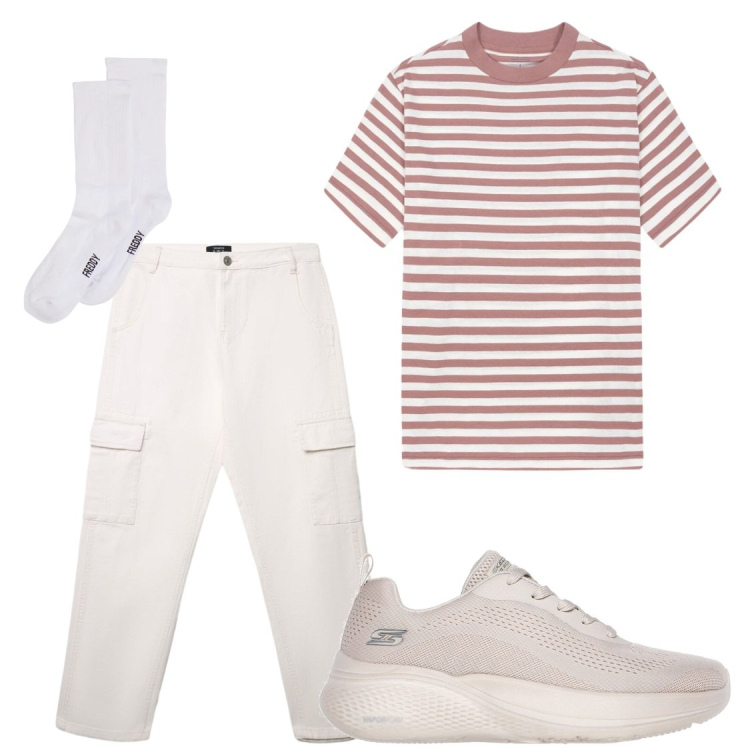 Outfit uomo - Street Style Estivo. Stile Casual per Tutti i giorni. Abbinamento con pantaloni cargo, calzini, sneakers, t-shirt.