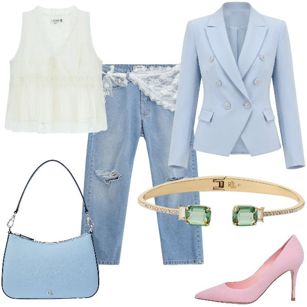 Outfit donna - Total look #2393287. Abbinamento con décolleté, jeans strappati, top, blazer, borse a spalla, braccialetti.