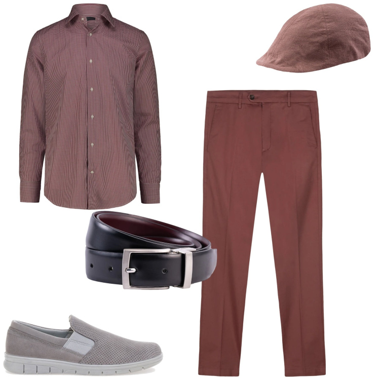 Outfit uomo - Mauve. Stile Urban per Tutti i giorni. Abbinamento con scarpe stringate, pantaloni chino, cappelli con visiera, cinture, camicie.