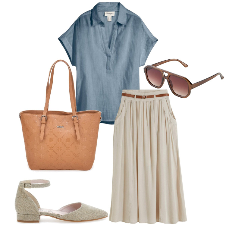 Outfit donna - Total look #2393290. Stile Basic per Tutti i giorni. Abbinamento con bluse, gonne lunghe, occhiali da sole, ballerine, borse a tracolla.