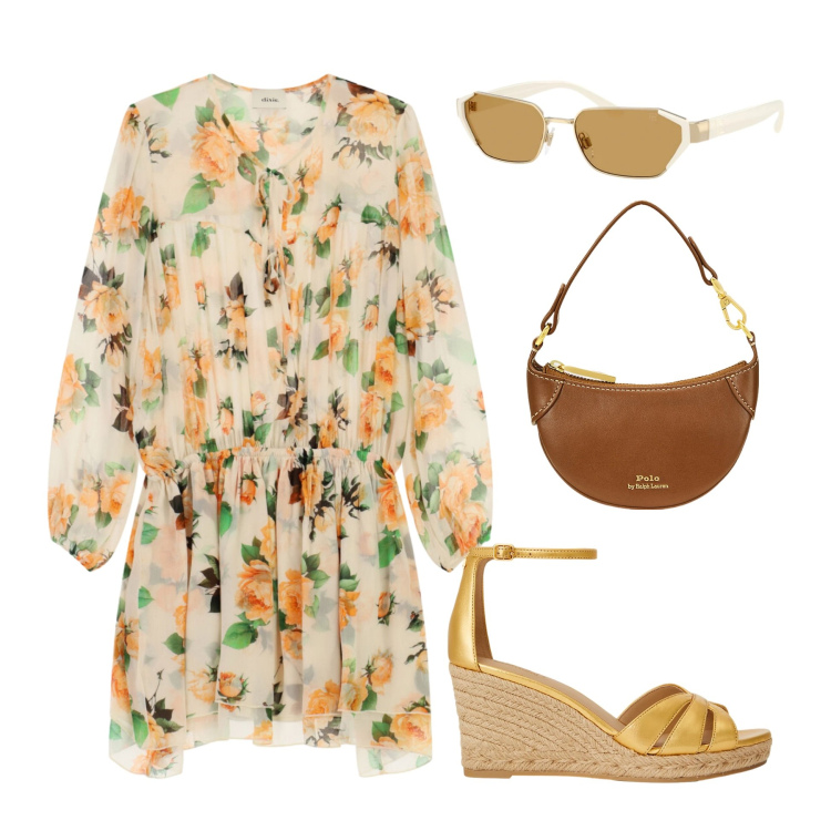 Outfit donna - Peach Blush: Eleganza Floreale. Stile Minimal per Tutti i giorni. Abbinamento con vestiti corti, borse a tracolla, zeppe, occhiali da sole.