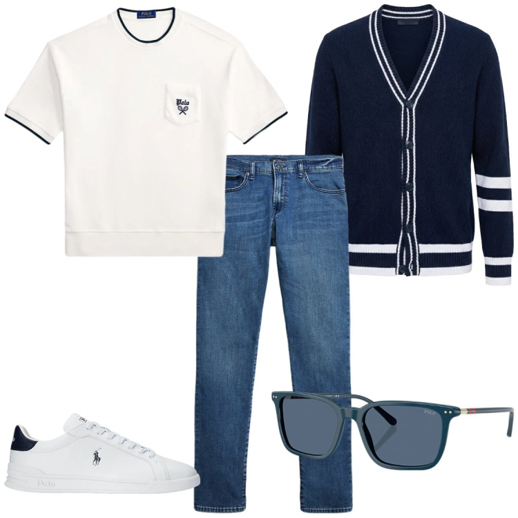 Outfit uomo - ​"Navy Academy: Il Fascino del Cardigan. Stile Trendy per Tutti i giorni. Abbinamento con cardigans, sneakers, occhiali da sole, jeans, t-shirt.