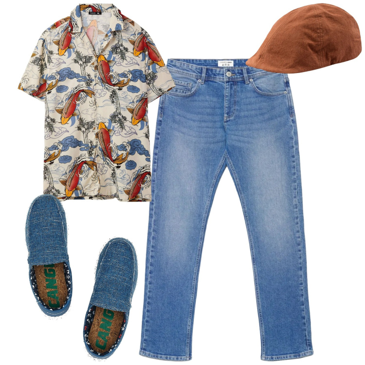 Outfit uomo - Weekend. Stile Casual per Tutti i giorni. Abbinamento con camicie a manica corta, jeans, sneakers, cappelli con visiera.