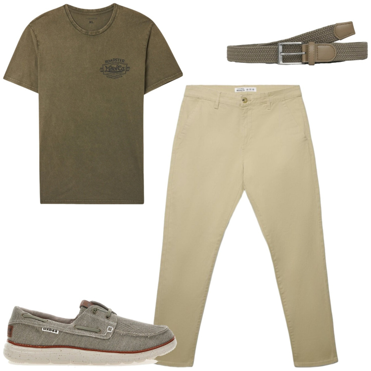 Outfit uomo - City. Stile Casual per Tutti i giorni. Abbinamento con t-shirt, cinture, pantaloni chino, scarpe stringate.