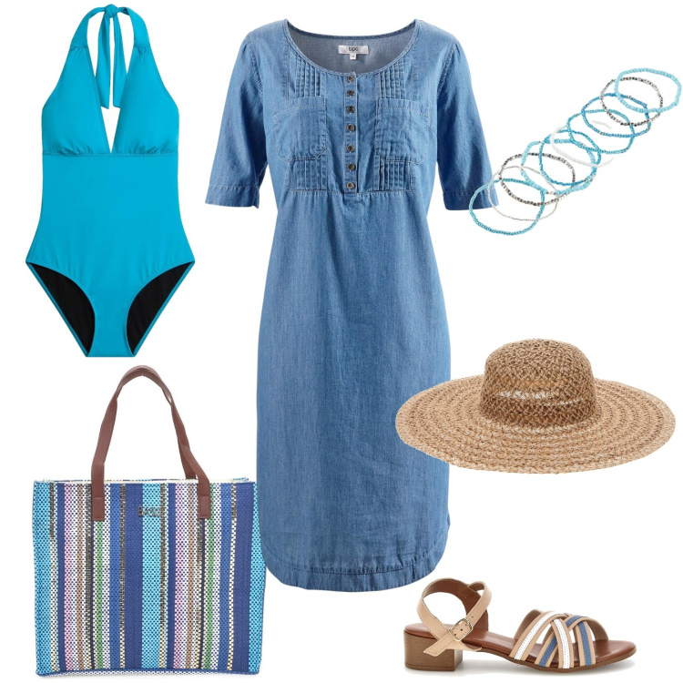Outfit donna - Look versatile: spiaggia o passeggiata?. Stile Casual per Mare. Abbinamento con vestiti midi/longuette, braccialetti, costumi interi, shopping bag, cappelli, sandali in pelle.