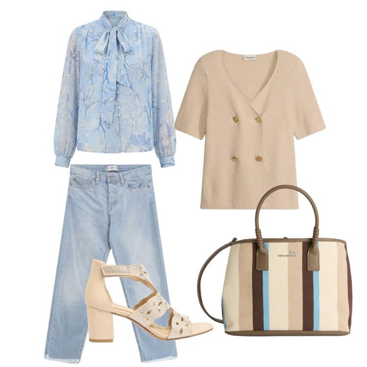 Outfit donna - Rinnovo l\'armadio 7. Stile Casual chic per Tutti i giorni. Abbinamento con cardigans, sandali col tacco, shopping bag, jeans, bluse.
