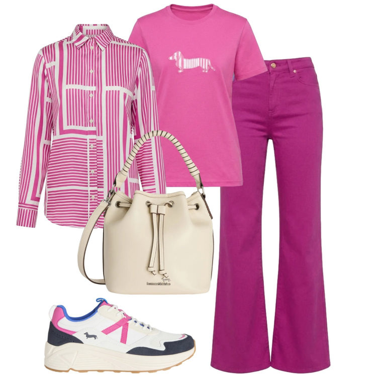 Outfit donna - Harmont & Blaine. Stile Casual per Tutti i giorni. Abbinamento con sneakers, borse a secchiello, camicie, t-shirt, pantaloni.