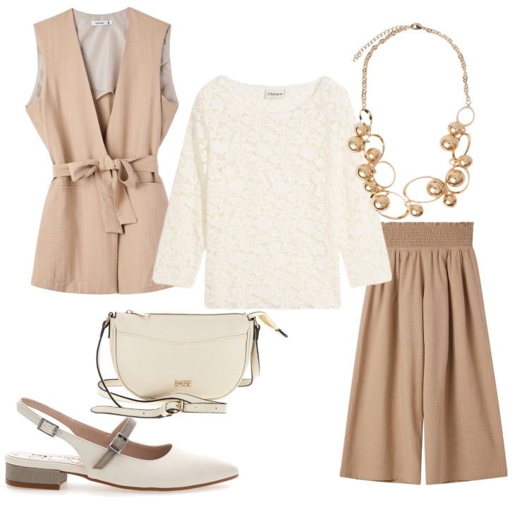 Outfit donna - Invito alla Cresima. Stile Casual chic per Cerimonia. Abbinamento con t-shirt, pantaloni culotte, gilet, collane, ballerine, borse a tracolla.