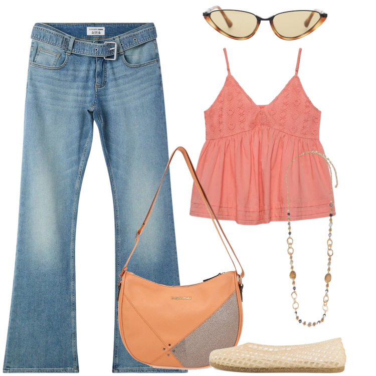 Outfit donna - Al concerto. Stile Etnico per Serata fuori. Abbinamento con jeans a zampa, canottiere, collane, occhiali da sole, borse a tracolla, ballerine.