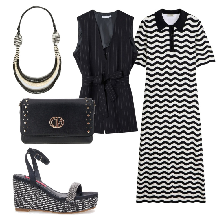 Outfit donna - Vedo bianco o vedo nero. Stile Urban per Tutti i giorni. Abbinamento con vestiti, gilet, collane, zeppe, borse a tracolla.