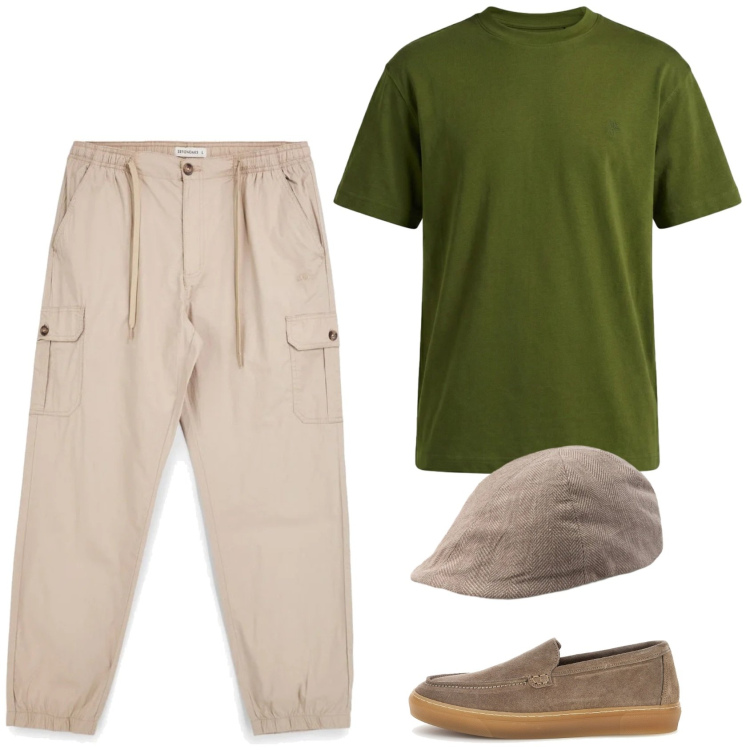 Outfit uomo - Una birretta con gli amici. Stile Casual per Tutti i giorni. Abbinamento con t-shirt, cappelli e berretti, scarpe stringate, pantaloni cargo.