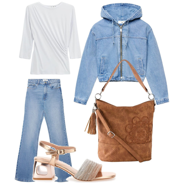 Outfit donna - Primavera in denim. Stile Casual per Tutti i giorni. Abbinamento con borse a mano, bomber, jeans bootcut, top, sandali col tacco.