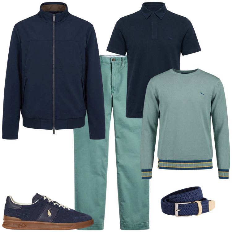 Outfit uomo - Trendy week end fuori porta. Stile Trendy per Tutti i giorni. Abbinamento con cinture, pullovers, giacche, polo, pantaloni, sneakers.