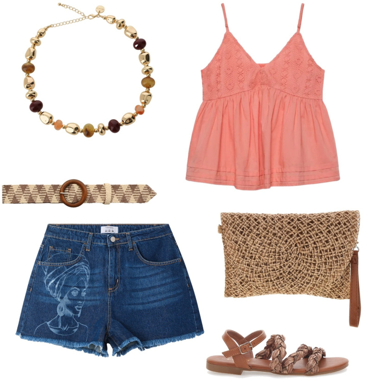 Outfit donna - Peach blush per un look minimal. Stile Casual chic per Tutti i giorni. Abbinamento con shorts, cinture, canottiere, collane, sandali, borse a tracolla.