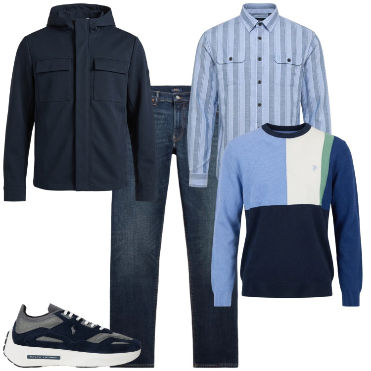 Outfit uomo - Casual ufficio tempo libero. Stile Casual per Tutti i giorni. Abbinamento con camicie, maglieria, giacche, jeans, sneakers.