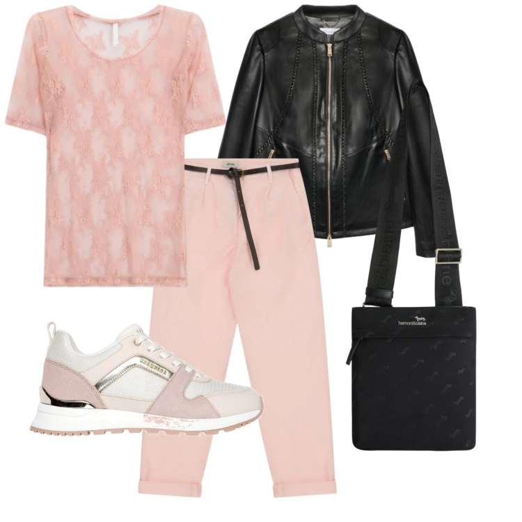 Outfit donna - Pomeriggio dinamico. Stile Casual chic per Tutti i giorni. Abbinamento con blazer, borse a tracolla, t-shirt, pantaloni, sneakers.