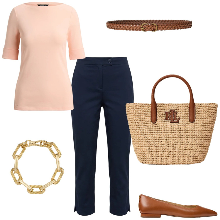 Outfit donna - Peach blush & pantaloni Capri. Stile Casual per Tutti i giorni. Abbinamento con pantaloni capri, braccialetti, ballerine, t-shirt, cinture, borse tote.