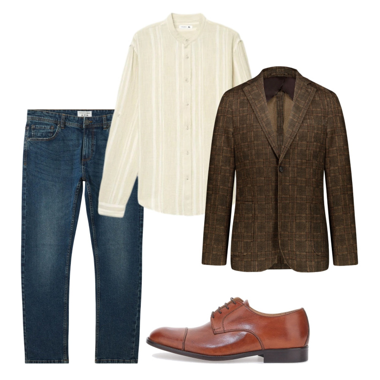 Outfit uomo - Elegante a maggio. Stile Casual per Tutti i giorni. Abbinamento con jeans, camicie, giacche, scarpe stringate.