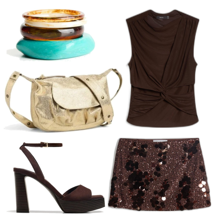 Outfit mujer - Sexy look. Estilo Sexy para Noche/Fiesta elegante. Combinación con pulseras, sandalias, bolsos de hombro, faldas, top.