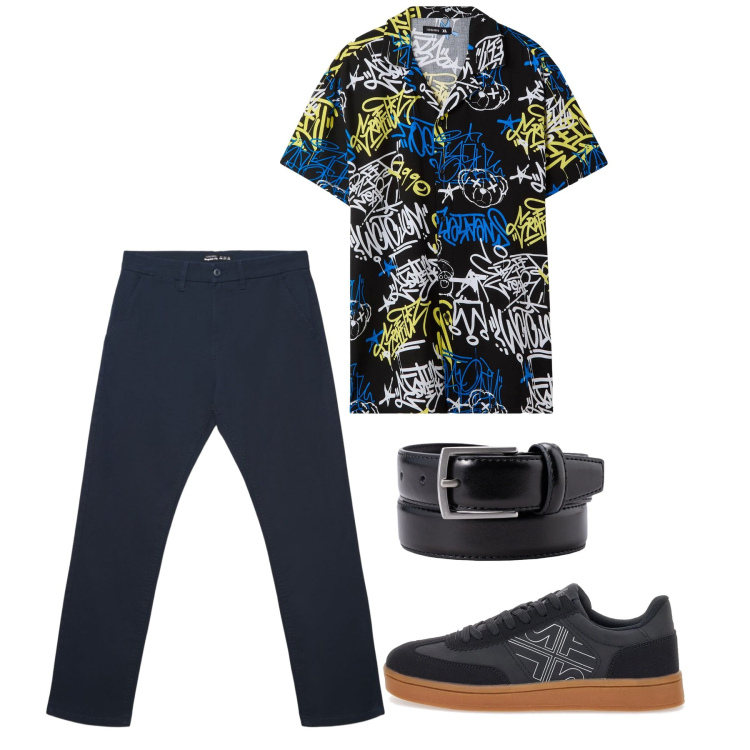 Outfit uomo - Maggio. Stile Urban per Tutti i giorni. Abbinamento con camicie a manica corta, pantaloni chino, sneakers, cinture.