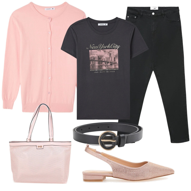 Outfit donna - Aperitivando. Stile Glamour per Serata fuori. Abbinamento con cinture, cardigans, t-shirt, jeans skinny, ballerine, borse a spalla.