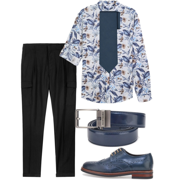Outfit uomo - Maggio blu. Stile Trendy per Tutti i giorni. Abbinamento con camicie, pantaloni cargo, cravatte, scarpe stringate, cinture.