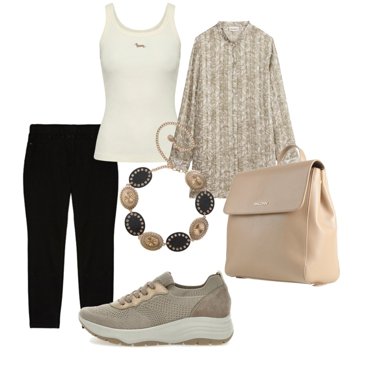 Outfit donna - Toni neutri. Stile Etnico per Tutti i giorni. Abbinamento con zaini, camicie, cinture, jeggings, canottiere, scarpe stringate.