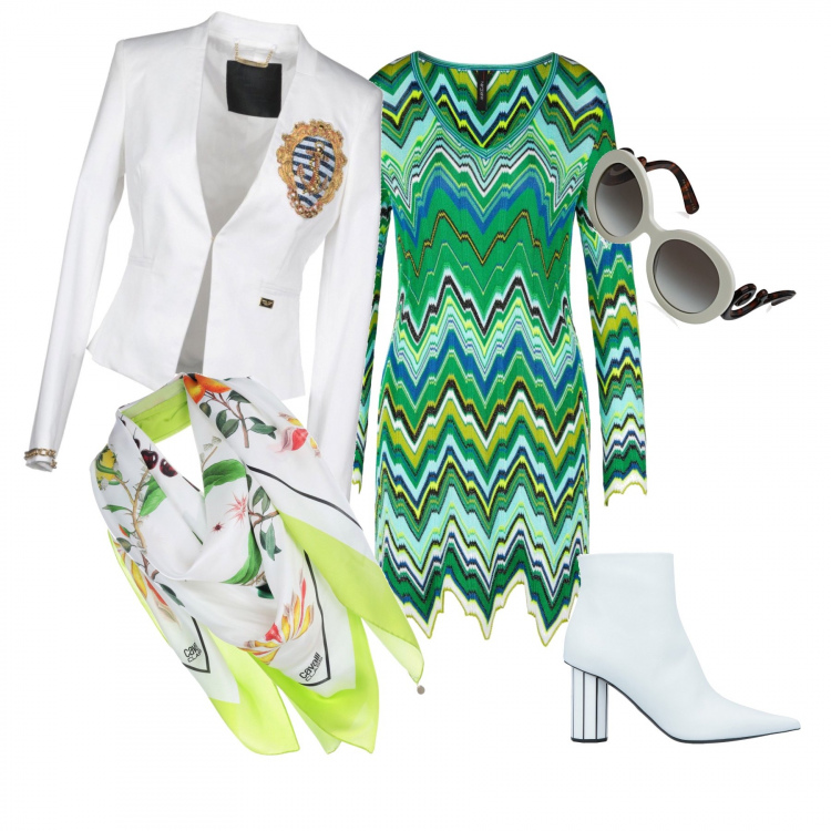 Outfit donna - Urban #1797. Stile Urban Abbinamento con giacca con strass collo a v a maniche lunghe interno foderato tinta unita, foulard fantasia floreale in raso, stivaletti, blusa multicolore, occhiali da sole bianco.