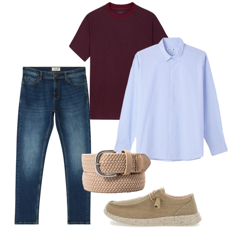 Outfit uomo - Dettagli estivi. Stile Casual per Tutti i giorni. Abbinamento con jeans skinny, camicie, scarpe stringate, cinture, t-shirt.