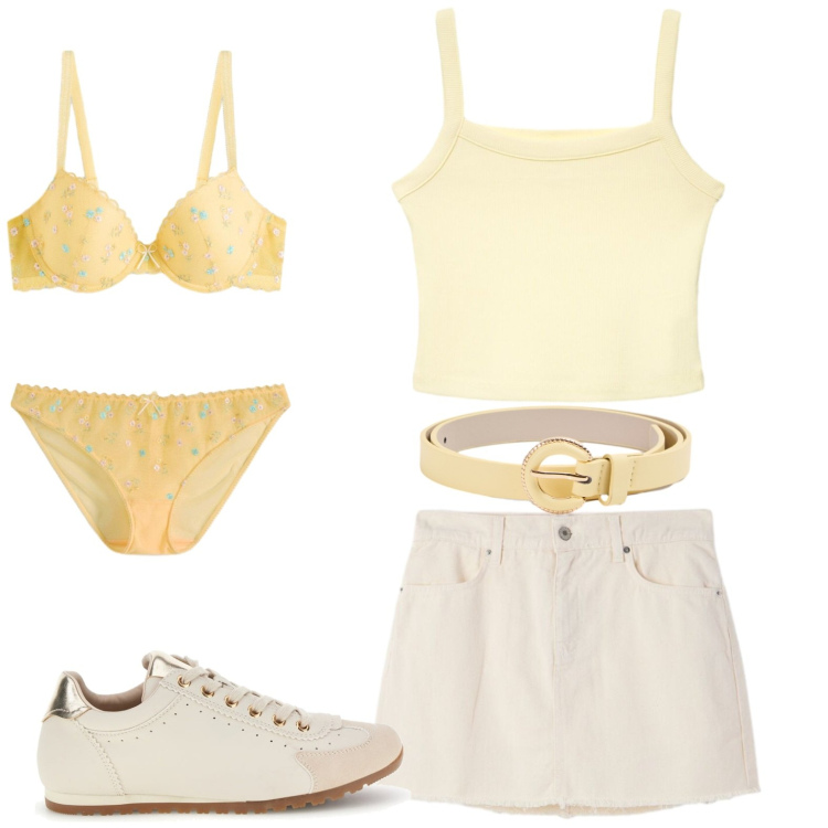 Outfit donna - Giallo tenue per il giorno. Stile Casual chic per Scuola/Università. Abbinamento con reggiseni, culotte, canottiere, cinture, minigonne, sneakers.