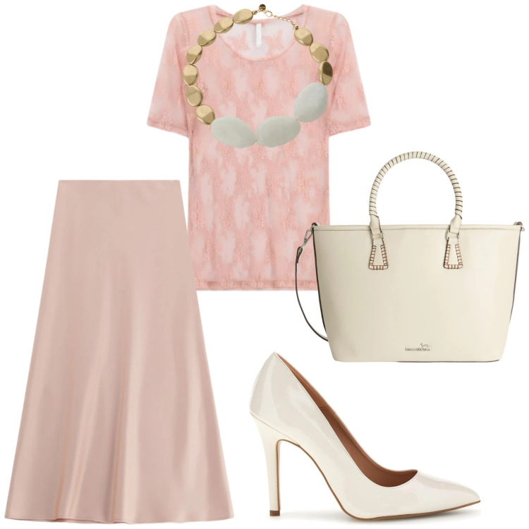 Outfit donna - Peach Blush. Stile Chic per Serata fuori. Abbinamento con shopping bag, gonne lunghe, t-shirt, collane, décolleté.