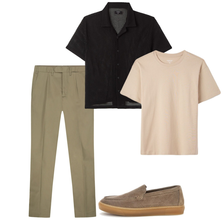 Outfit uomo - Maggio. Stile Casual per Tutti i giorni. Abbinamento con camicie a manica corta, t-shirt, pantaloni, scarpe stringate.