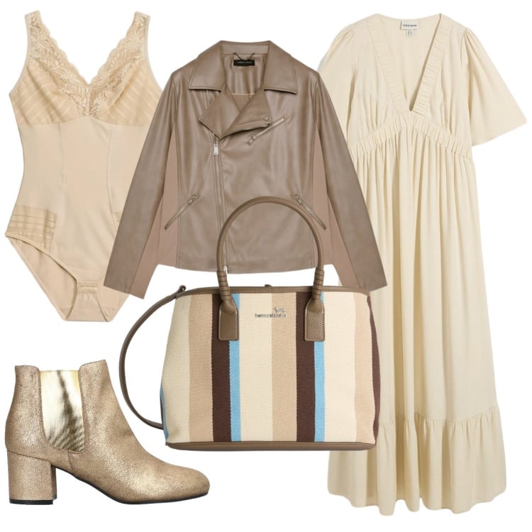 Outfit donna - Il body tattico. Stile Boho per Serata fuori. Abbinamento con stivaletti chelsea, vestiti lunghi, body, shopping bag, blazer.
