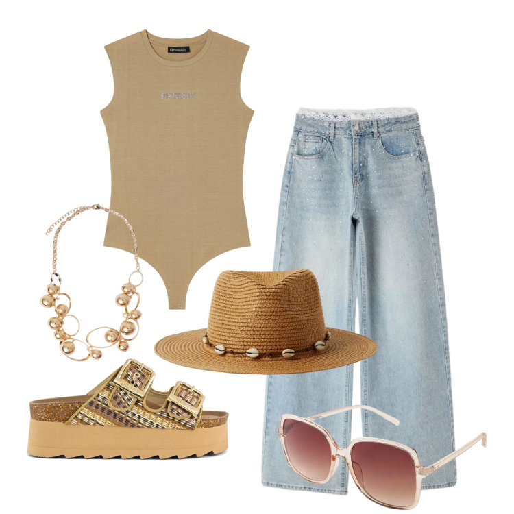 Outfit donna - Maggio. Stile Boho per Mare. Abbinamento con occhiali da sole, jeans, cappelli, collane, top, sandali.