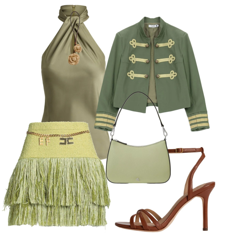 Outfit donna - Audace Olive style. Stile Chic per Cerimonia. Abbinamento con minigonne, cappotti, borse a spalla, sandali in pelle, ciondoli, bluse.
