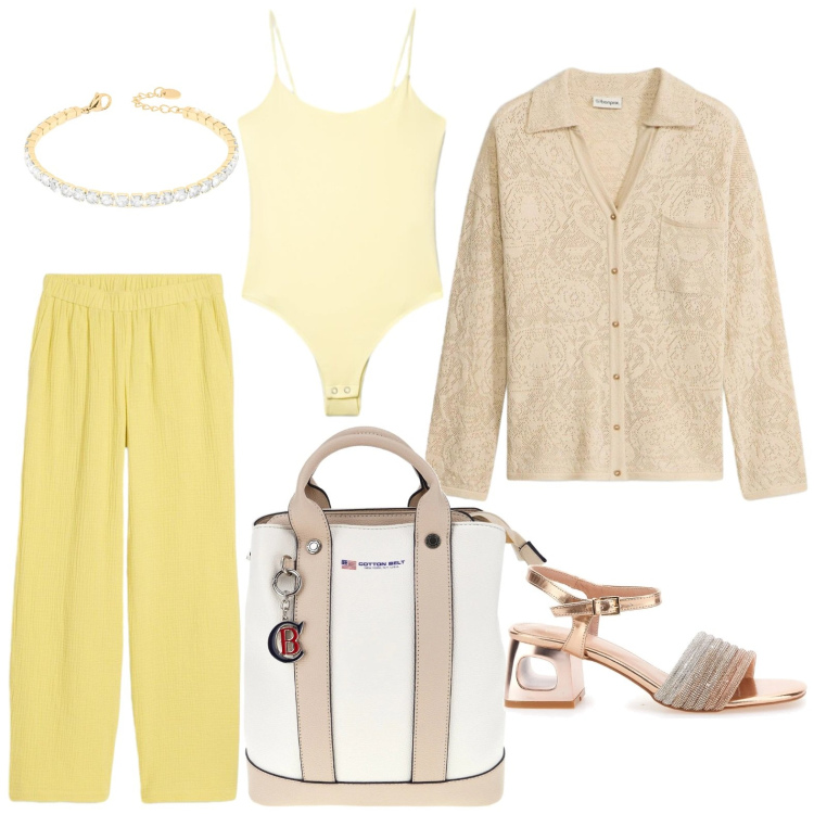 Outfit donna - Colori solari. Stile Casual per Tutti i giorni. Abbinamento con cardigans, pantaloni, canottiere, braccialetti, sandali col tacco, zaini.
