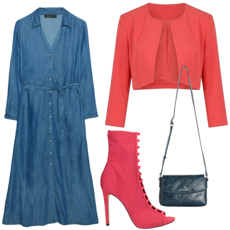 Outfit donna - Chemisier denim. Stile Casual per Serata fuori. Abbinamento con stivaletti, vestiti, borse a tracolla, bolero.
