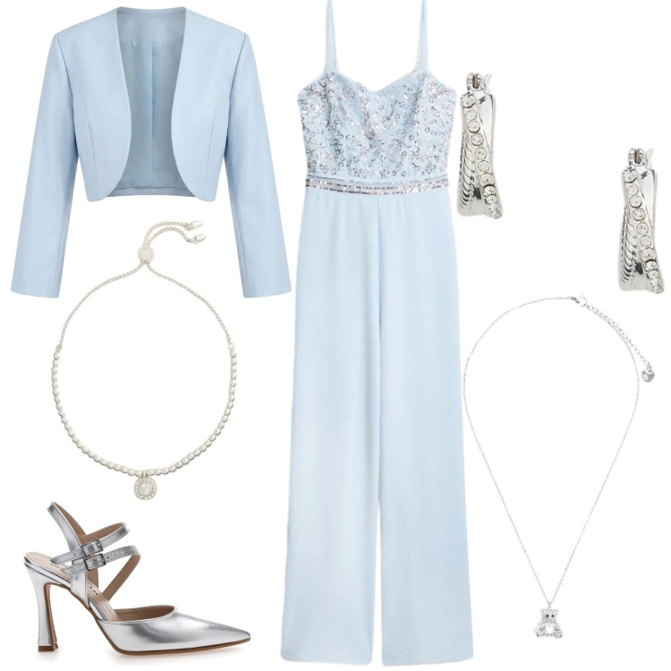 Outfit donna - Cerimonia. Stile Glamour per Cerimonia. Abbinamento con tute, bolero, ciondoli, braccialetti, orecchini, décolleté.