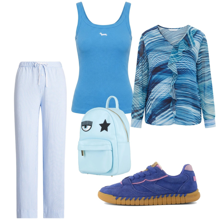 Outfit donna - Total look #2393346. Stile Sporty chic per Tutti i giorni. Abbinamento con zaini, bluse, canottiere, pantaloni, sneakers.