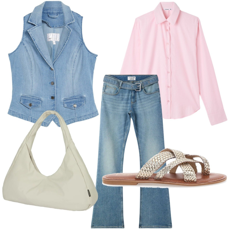 Outfit donna - Gilet lovers. Stile Casual per Tutti i giorni. Abbinamento con gilet, jeans a zampa, camicie, borse a spalla, infradito.