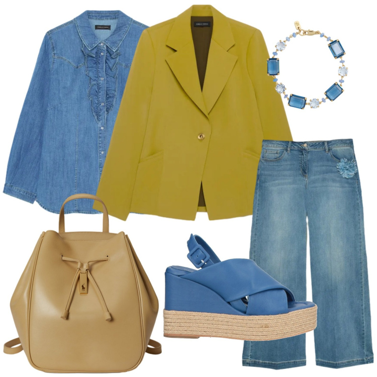 Outfit donna - Giacca ocra. Stile Casual per Ufficio. Abbinamento con espadrillas, blazer, jeans, camicie, zaini, braccialetti.