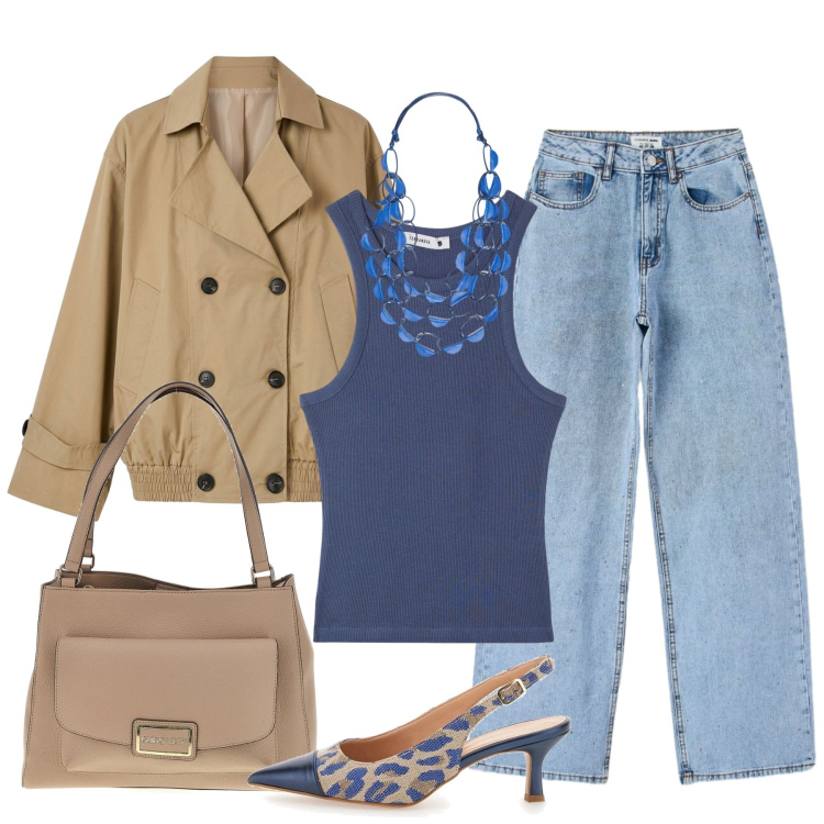 Outfit donna - Denim con stile. Stile Casual chic per Tutti i giorni. Abbinamento con canottiere, trench, jeans, collane, décolleté, borse a spalla.